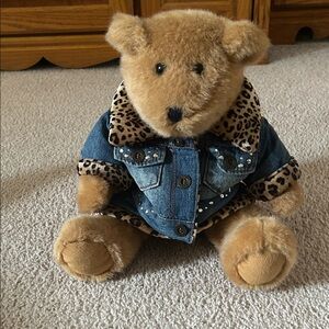 Plush Build A Bear with Denim and Leopard Print Jacket